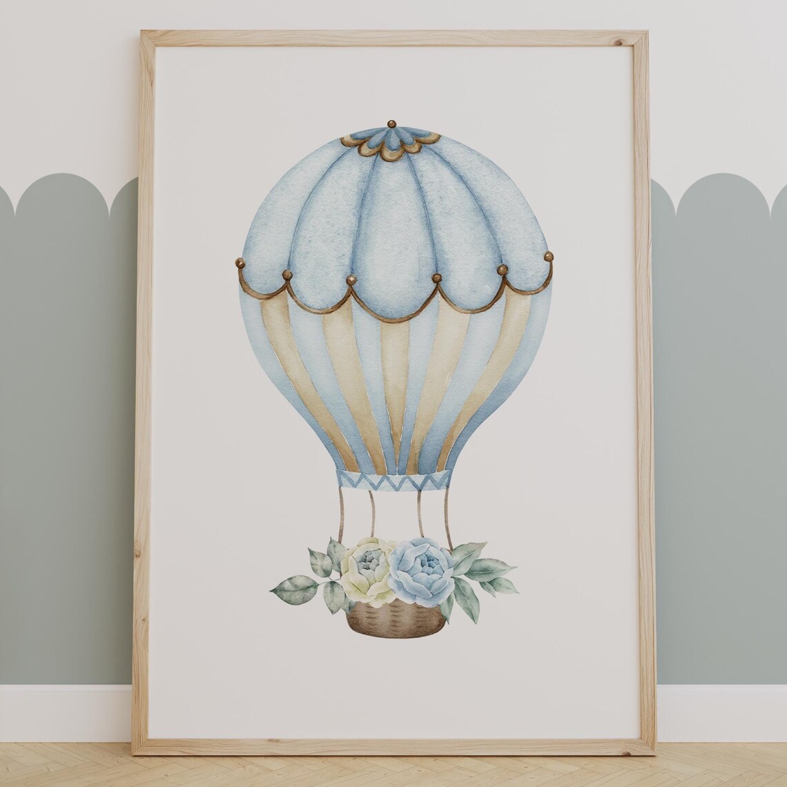 Blue And Gold Floral Hot Air Balloon Watercolor Nursery Wall Poster