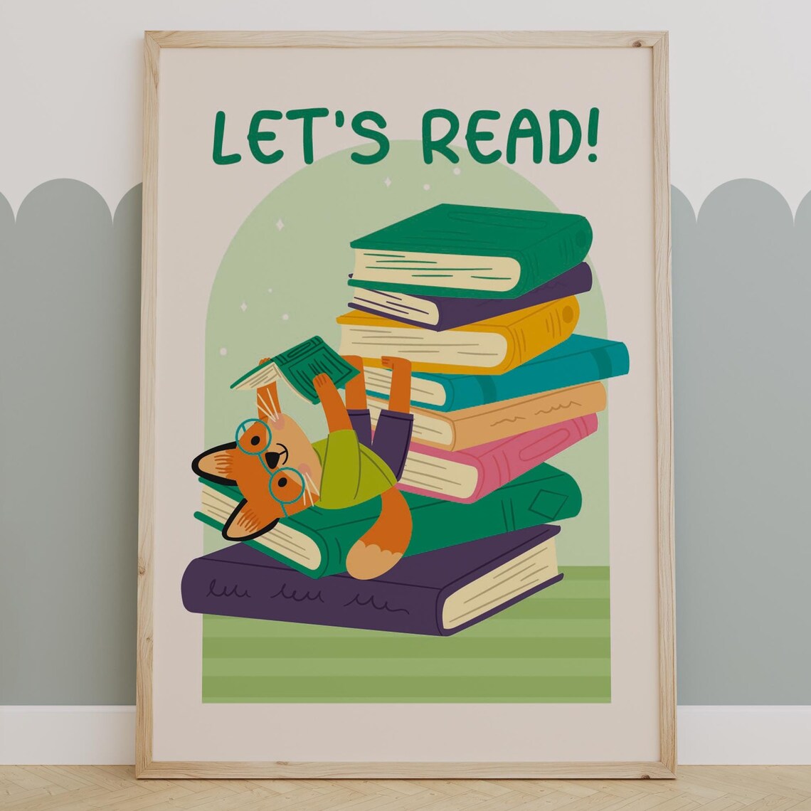 Fox Reading Art Print, Cute Kids Classroom Decor