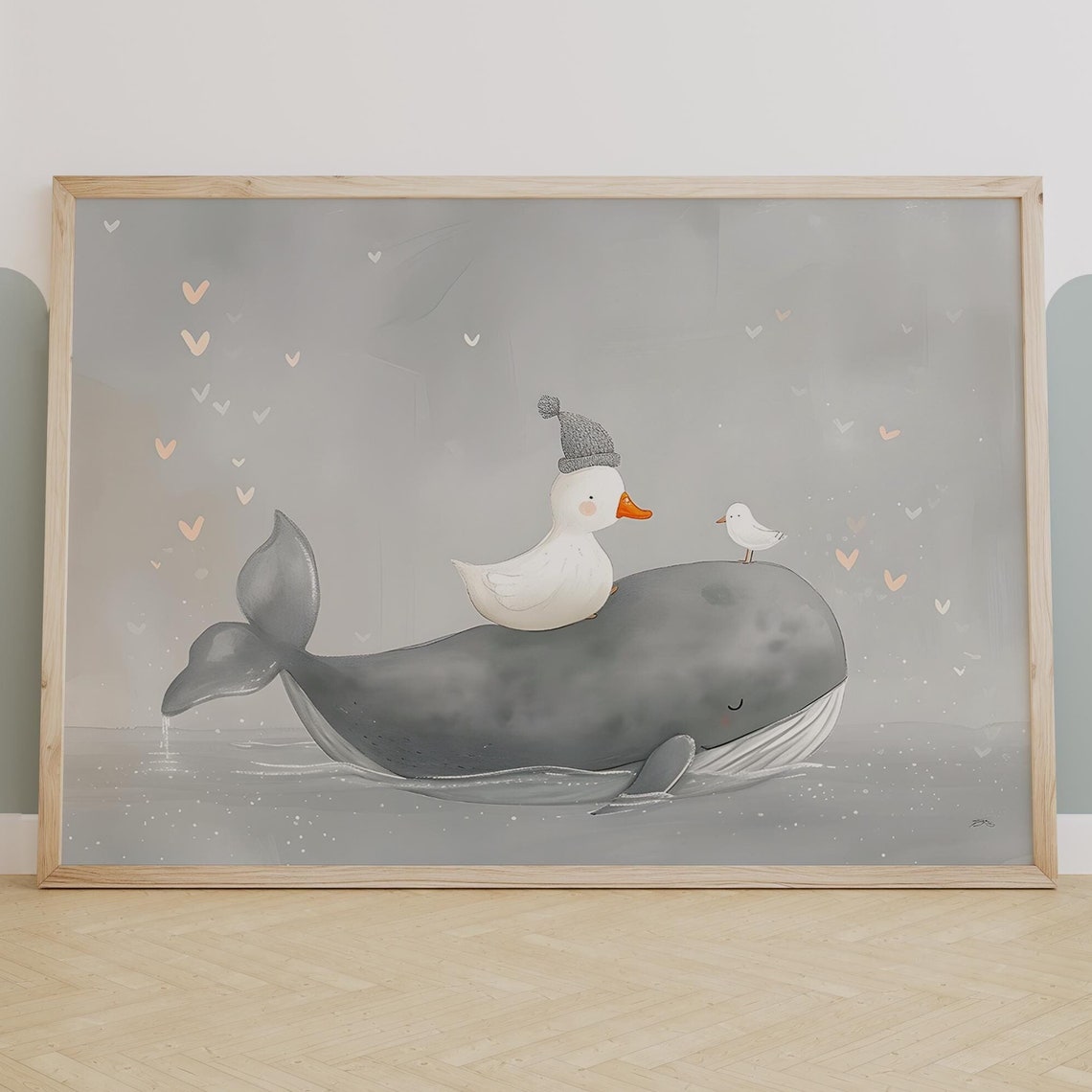 Whale Duck And Bird Gray Watercolor Whimsical Nursery Wall Poster