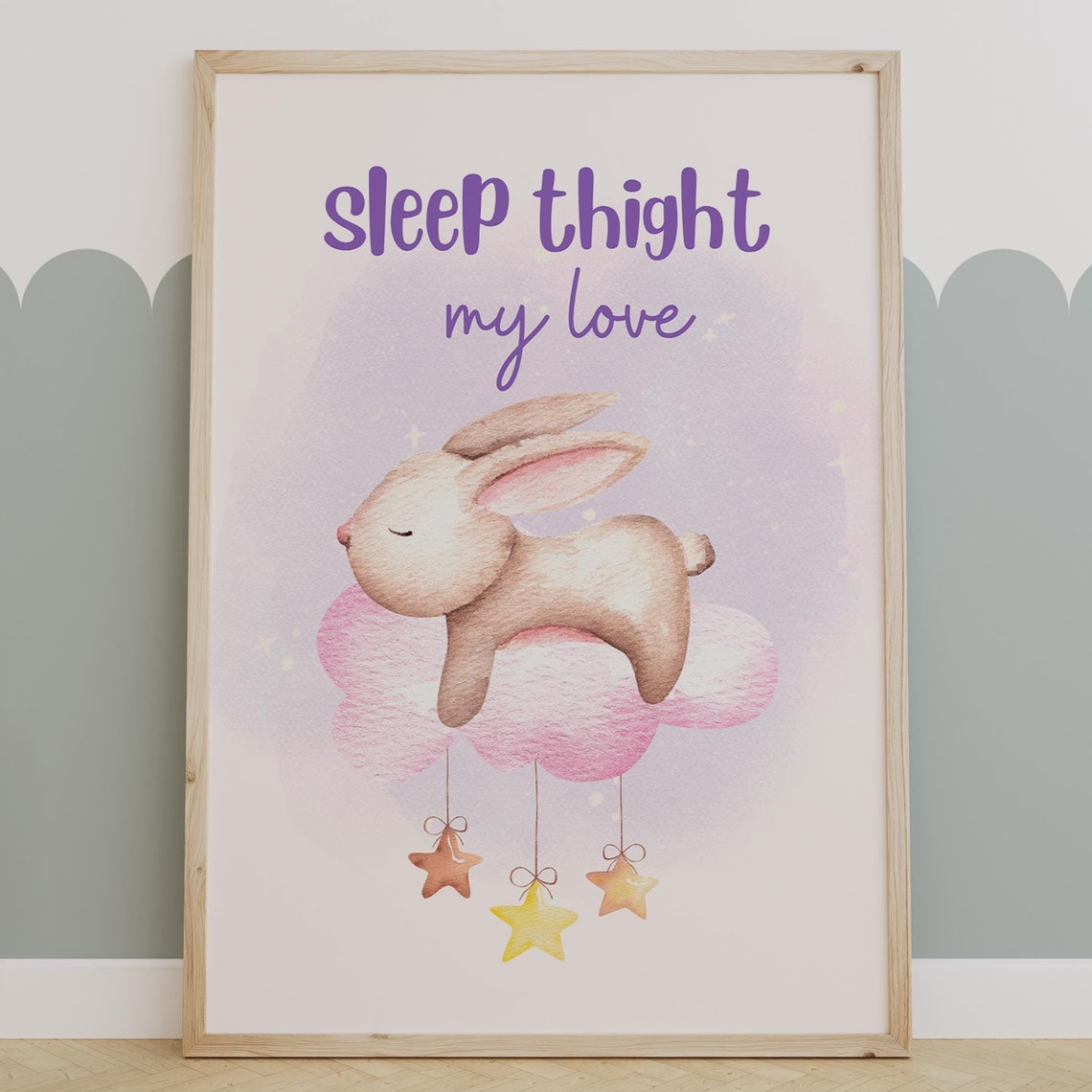 Sleeping Bunny On Pink Cloud Stars Nursery Bedtime Quote Poster
