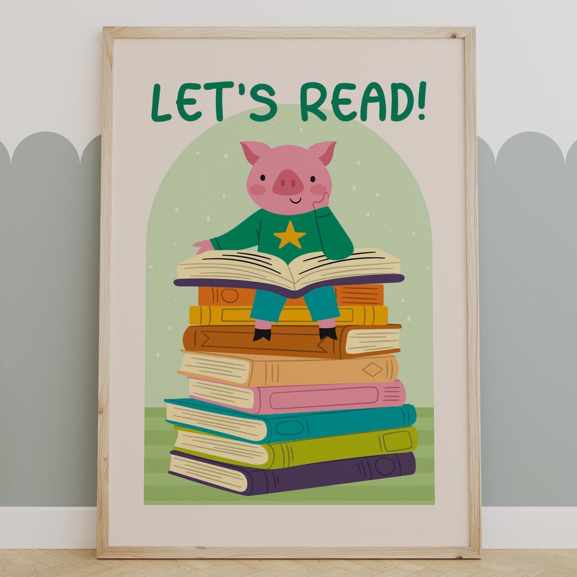 Let's Read Pink Pig Reading On Book Stack Kids Room Art Poster