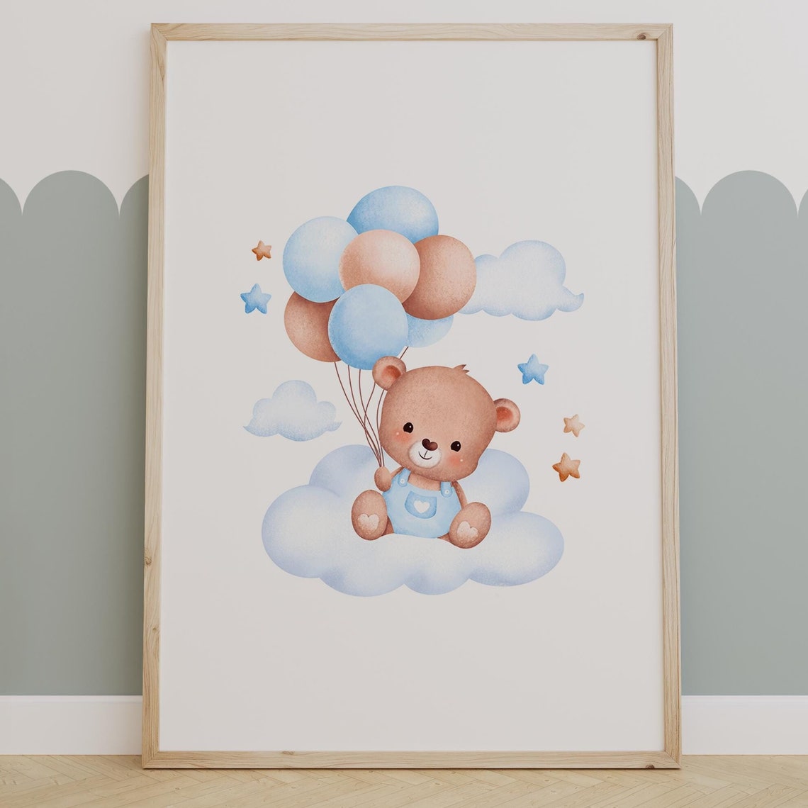 Teddy Bear On Cloud Holding Balloons Watercolor Nursery Wall Poster