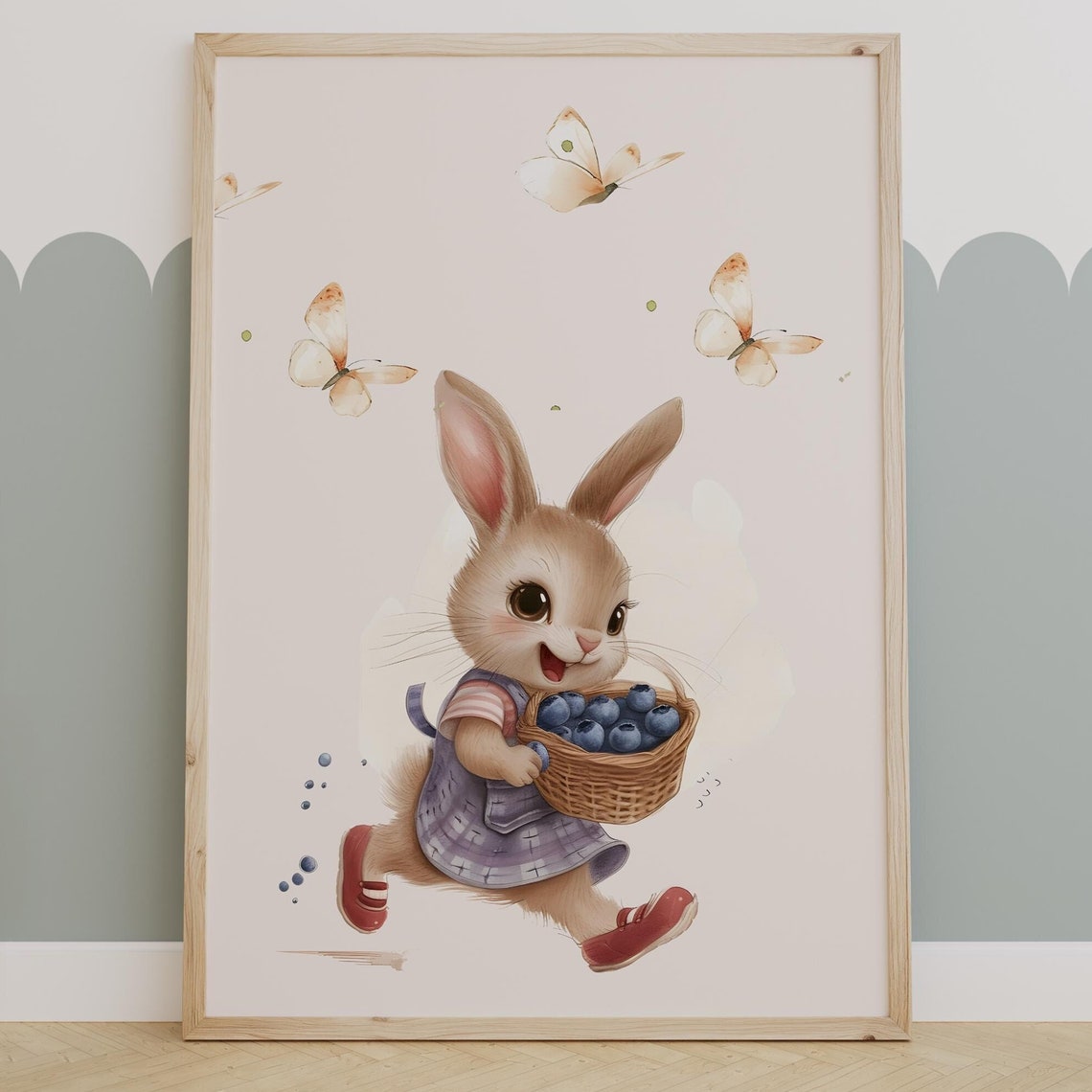 Whimsical Bunny With Blueberries And Butterflies Wall Art Playful Watercolor Animal Print For Kids Room Decor