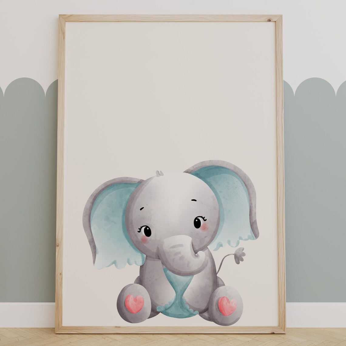 Cute Sitting Baby Elephant With Hearts Watercolor Nursery Poster