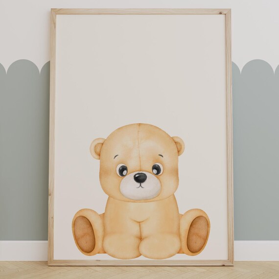 Watercolor Sitting Teddy Bear Cute Neutral Nursery Wall Decor Poster