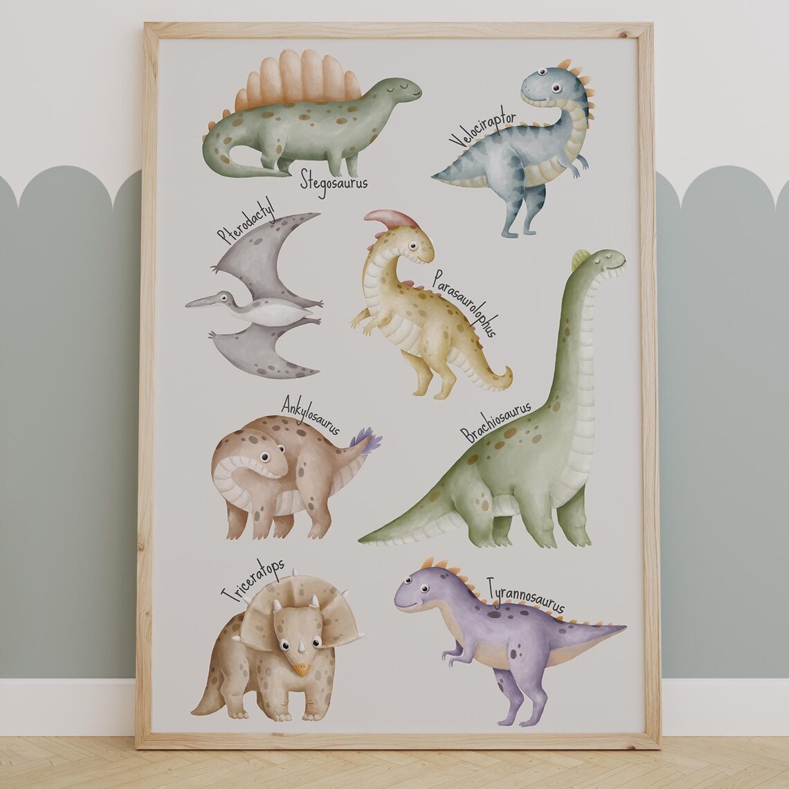 Cute Watercolor Dinosaur Chart With Species Names Kids Room Poster