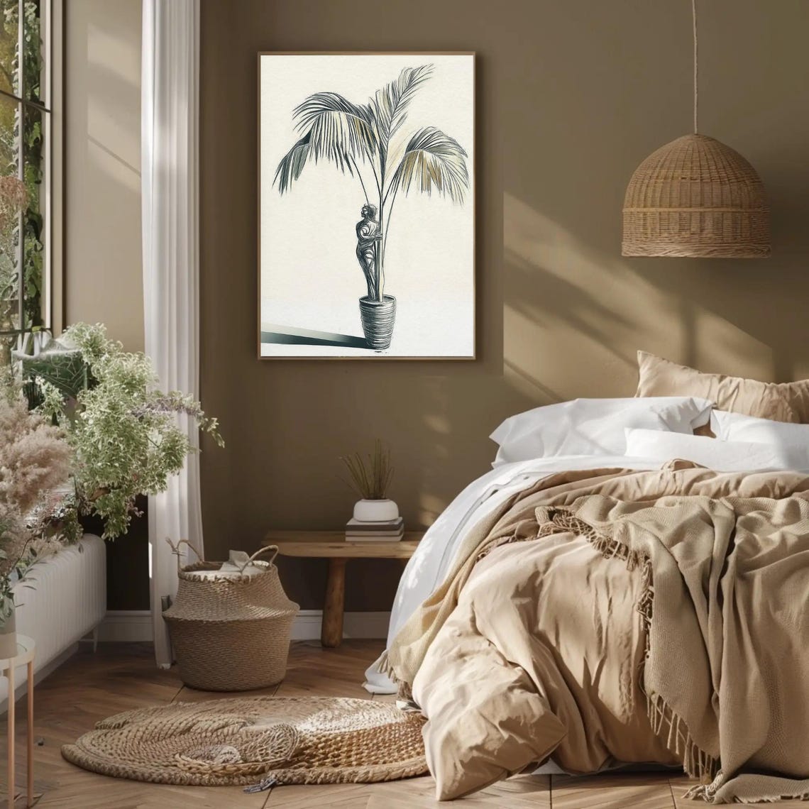 Classical Statue Beside a Palm Tree Detailed Pencil Sketch Poster - Image 2