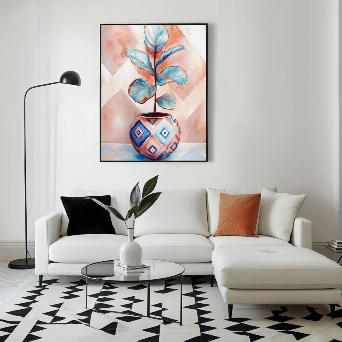 Fiddle Leaf Fig Plant in Colorful Patterned Vase Watercolor Poster - Image 2