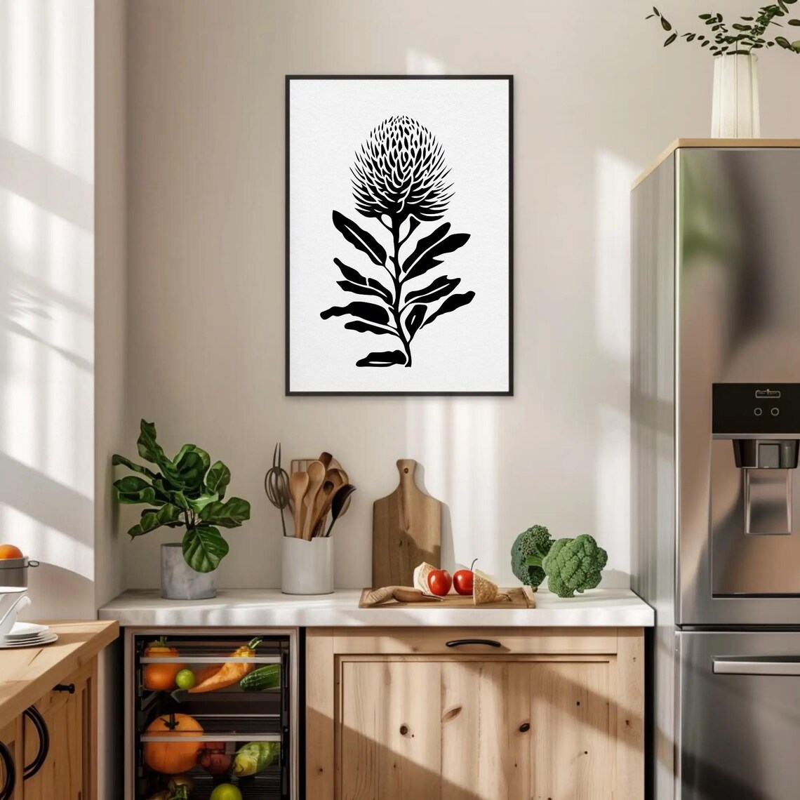Black and White Banksia Flower Botanical Linocut Style Poster - Image 3