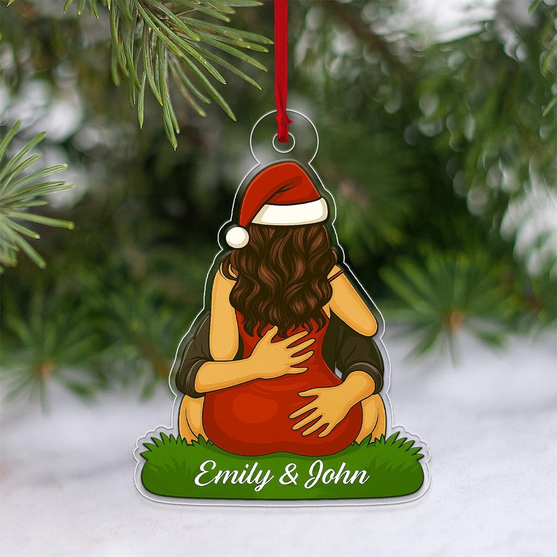 Personalized Couple Hug Santa Hat Names Christmas Ornament Gift Poster