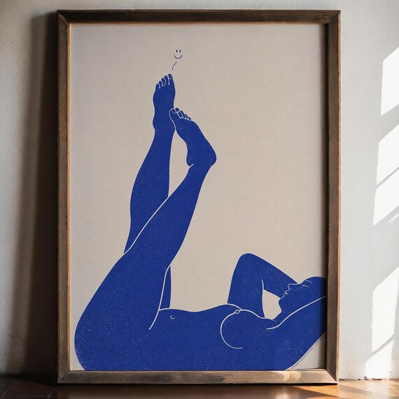Blue Nude Woman Reclining Silhouette Modern Line Art Wall Poster