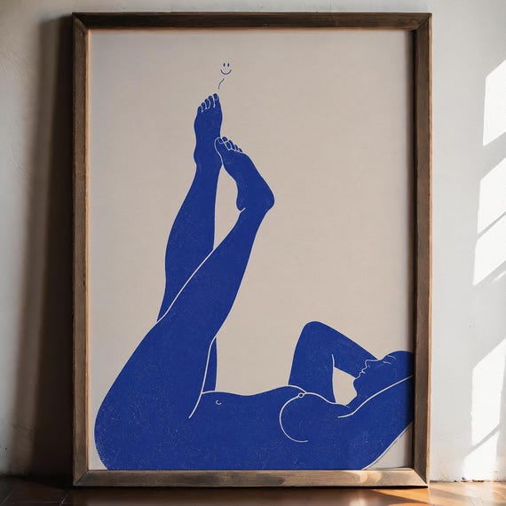Minimalist Female Silhouette Print Blue Line Art Poster Feminist Body Wall Decor