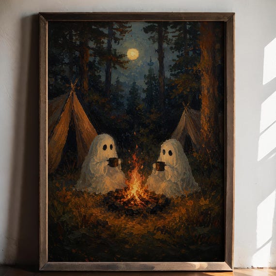 Cozy Camping Ghosts Art Print Whimsigoth Forest Scene Oil Painting Style Poster