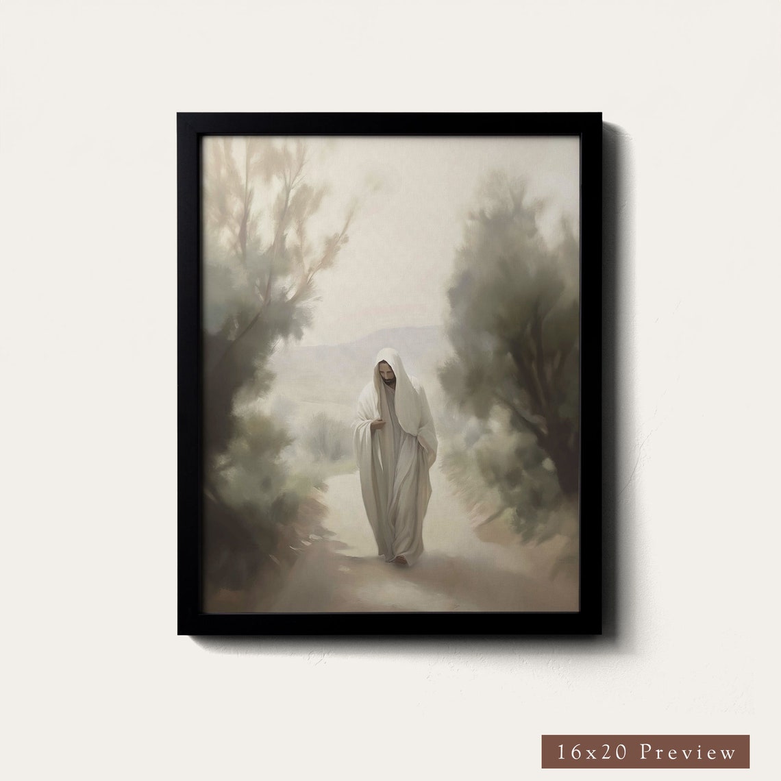 Jesus Walking Misty Forest Path Soft Neutral Faith Wall Poster - Image 3