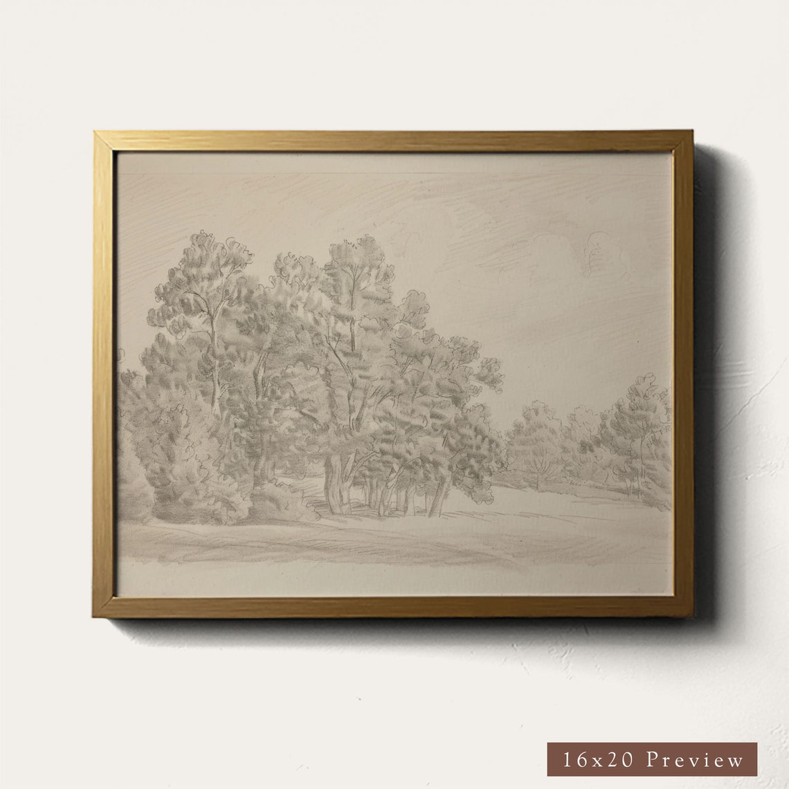 Framed Neutral Landscape Drawing Art Print Wall Art Vintage Style Sketch For Living Room Entryway Modern Tasteful Fall Decor Tree Grove - Image 4