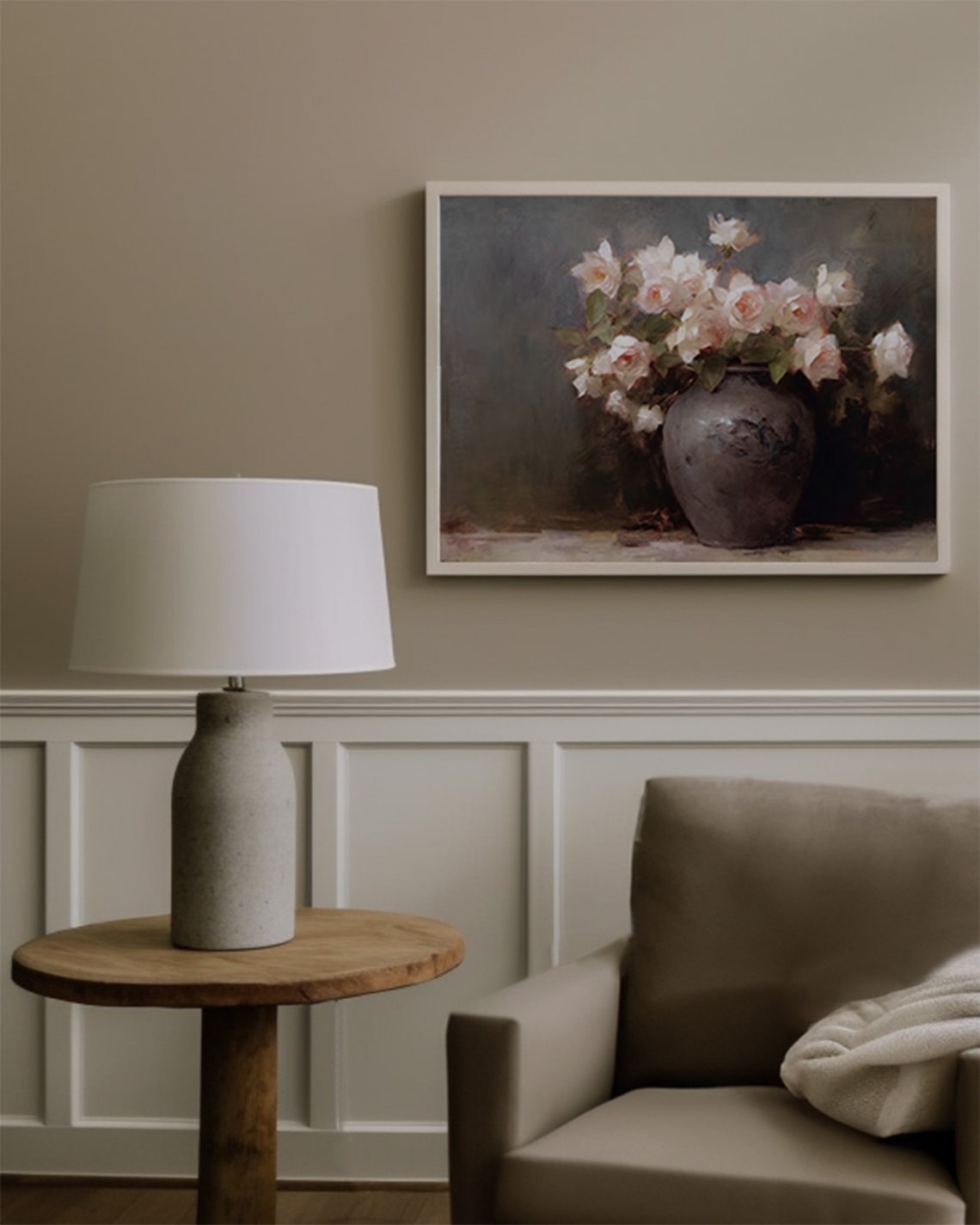 Pale Roses in Dark Vase Moody Floral Still Life Art Wall Poster - Image 4