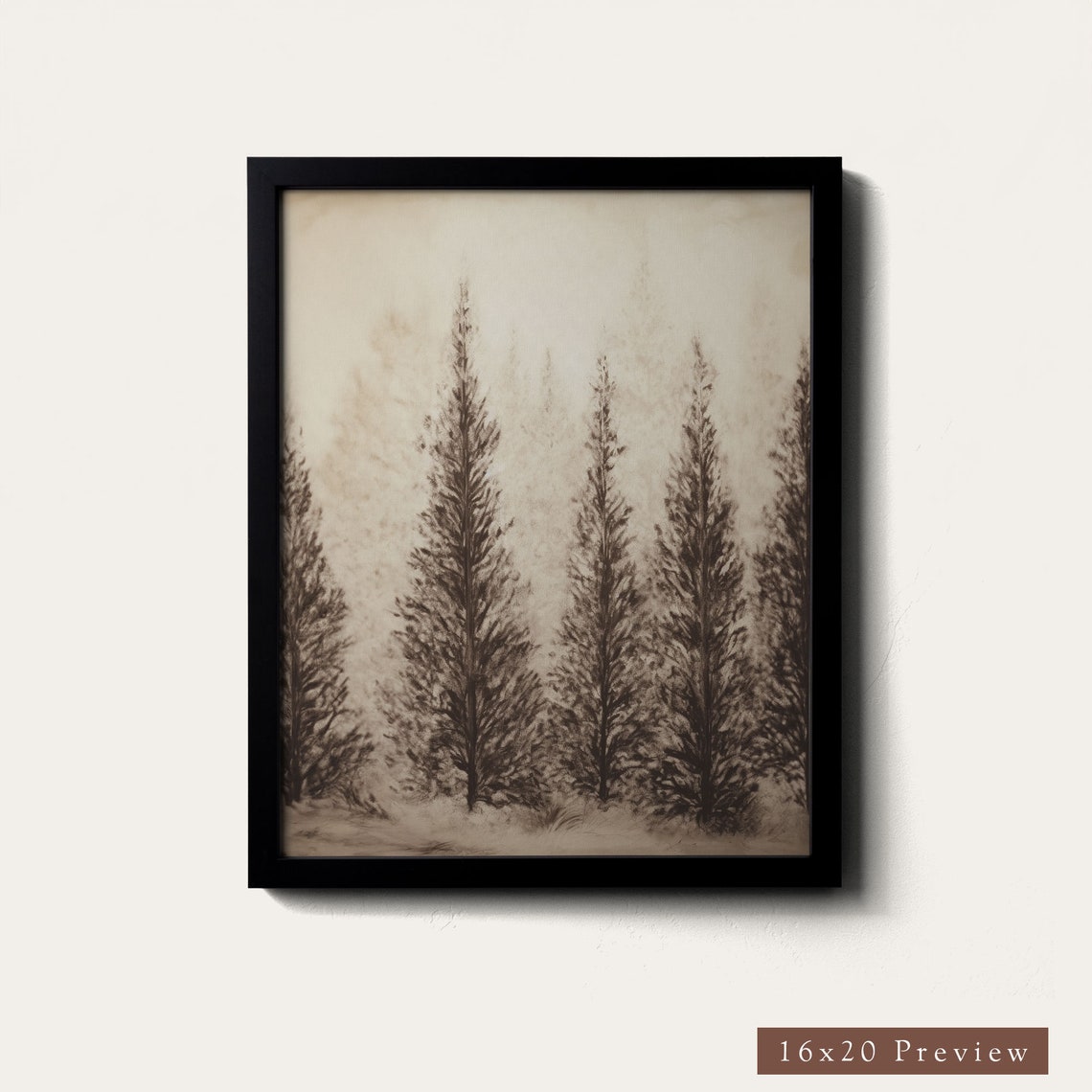 Antique Pine Trees Sepia Charcoal Forest Sketch Vintage Poster - Image 3