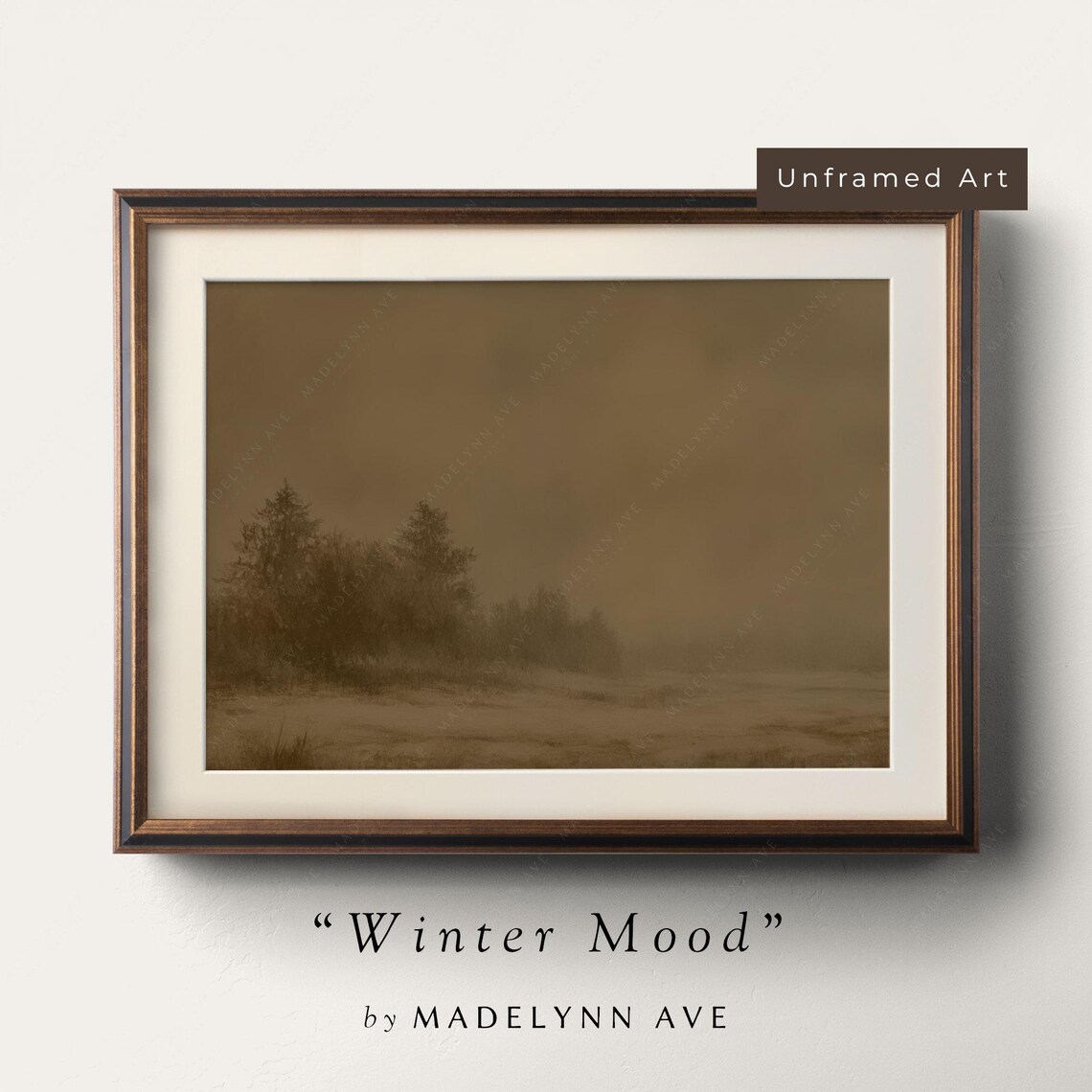 Winter Mood Sepia Trees Foggy Field Vintage Seasonal Art Poster