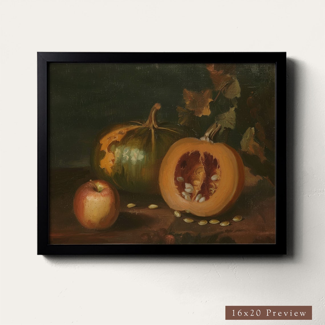 Pumpkin And Apple Still Life Dark Background Vintage Art Poster - Image 2