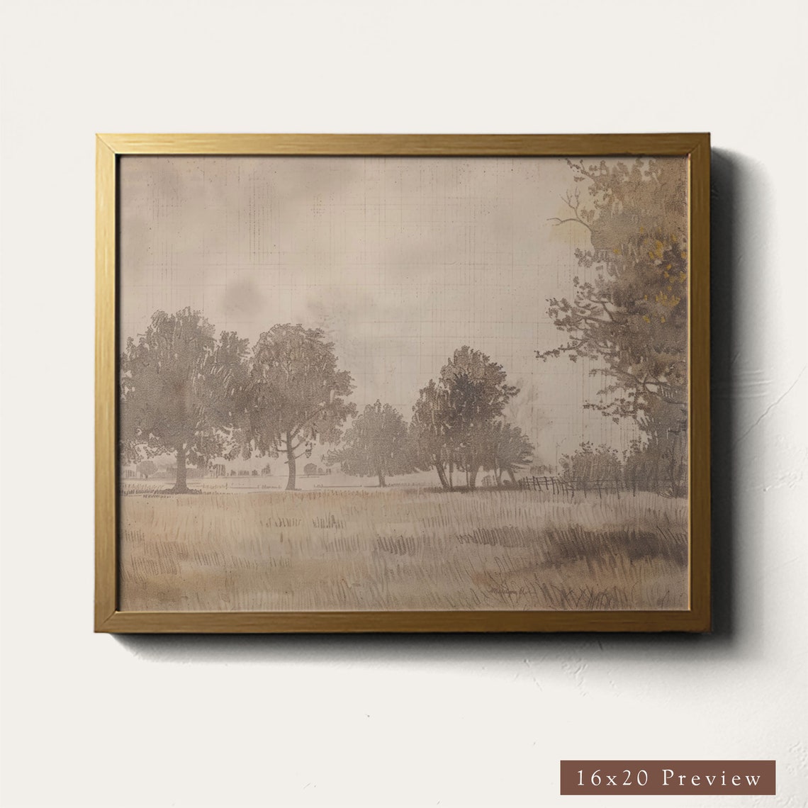 Autumn Fields Tree Row Sepia Sketch Drawing Vintage Art Poster - Image 5