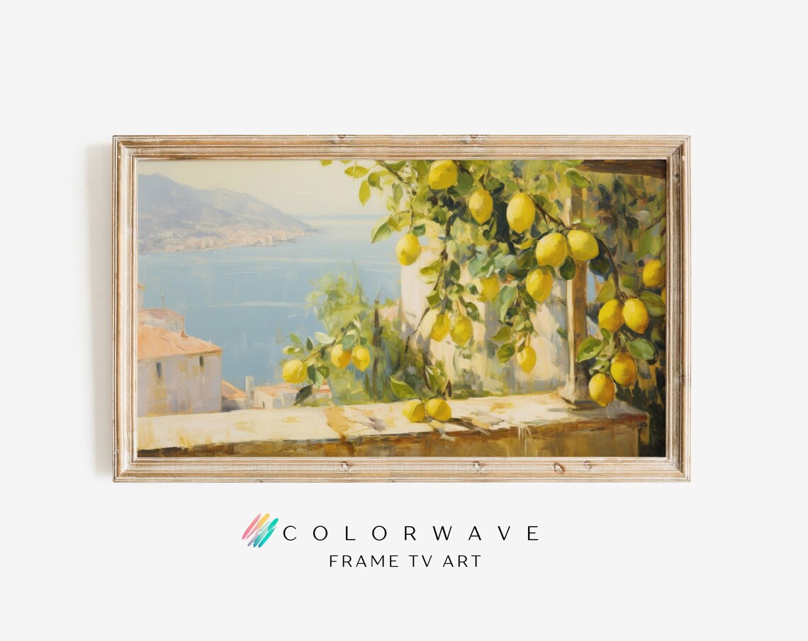 Lemon Tree Terrace Sunlit Mediterranean Coastal Town Painting Wall Art
