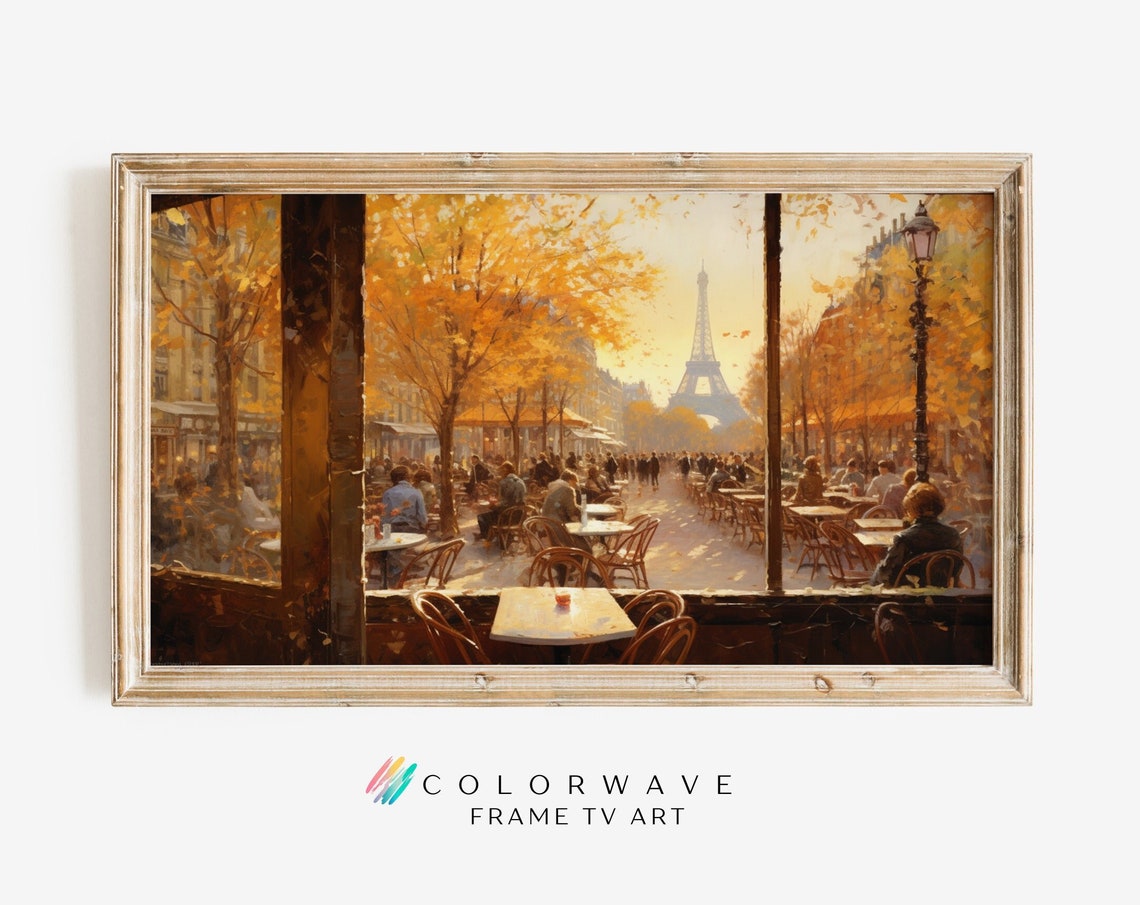 Paris Eiffel Tower Cafe Boulevard Autumn Morning Scene Poster