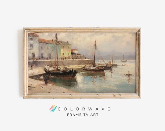 Old Harbor Boats Vintage Coastal Oil Painting Rustic Farmhouse Seascape Poster