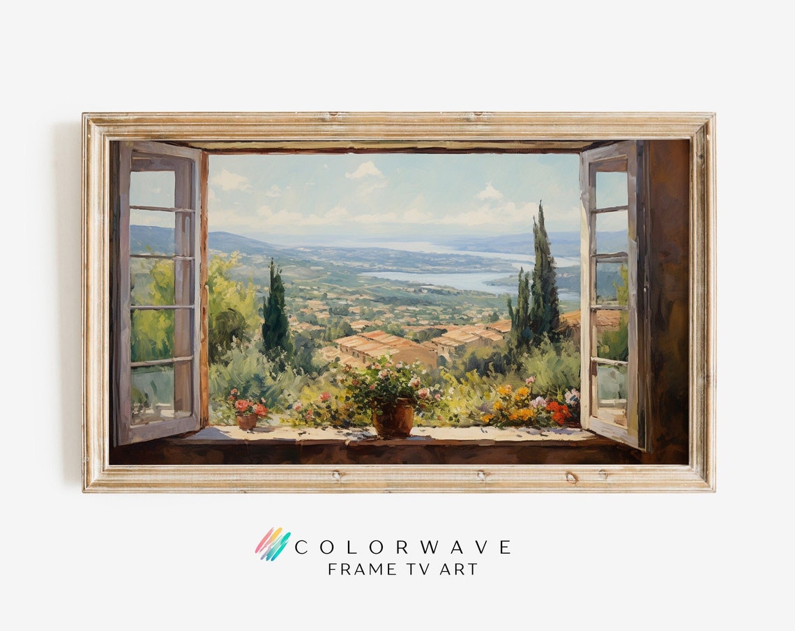 Tuscany Hills Lake View Through Open Window Floral Sill Poster