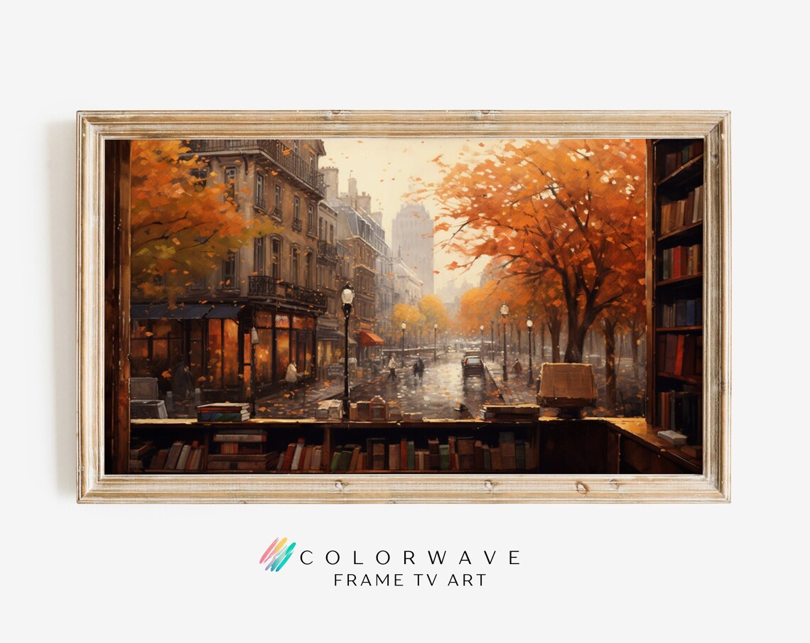 Cozy Bookshop Window Autumn Street Scene Rainy Evening Poster