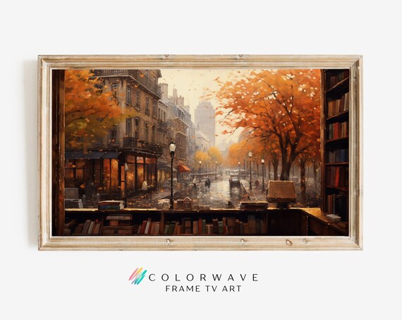 Cozy Bookshop Window Autumn Street Scene Rainy Evening Poster