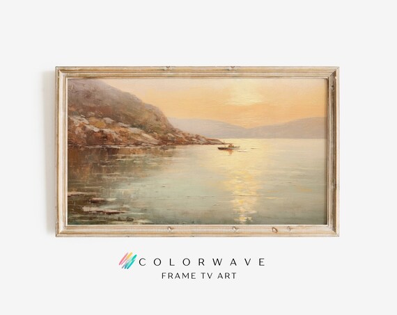 Golden Sunset Seascape Fishing Boat Rocky Cliff Ocean Painting Wall Art