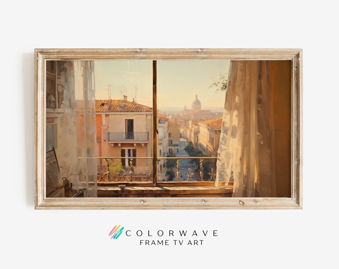 Rome Rooftops Through Balcony Window Sheer Curtains Morning Poster