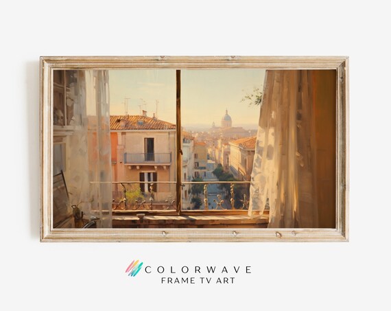 Rome Rooftops Through Balcony Window Sheer Curtains Morning Poster
