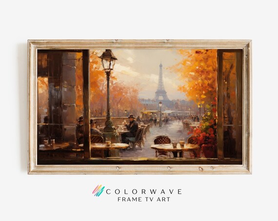 Paris Cafe With Eiffel Tower View Autumn Street Scene Poster