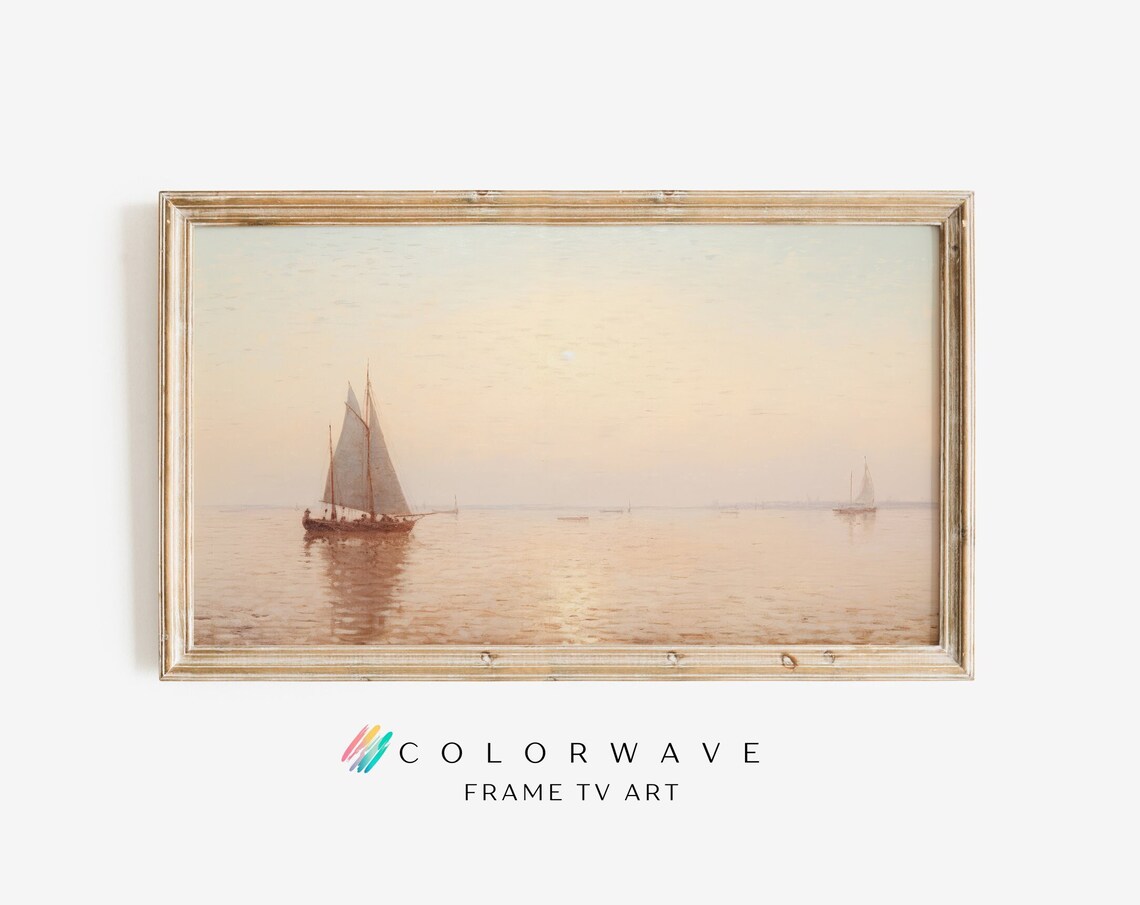 Sunset Sailboats Calm Sea Vintage Seascape Golden Hour Art Poster