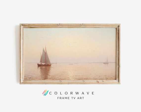Sunset Sailboats Calm Sea Vintage Seascape Golden Hour Art Poster
