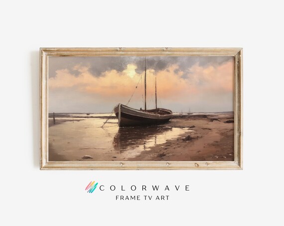 Beached Sailboat Sunset Golden Shore Vintage Coastal Painting Wall Art