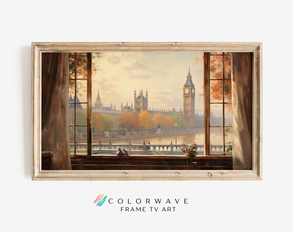 London Big Ben Autumn View Through Open Window Vintage Poster