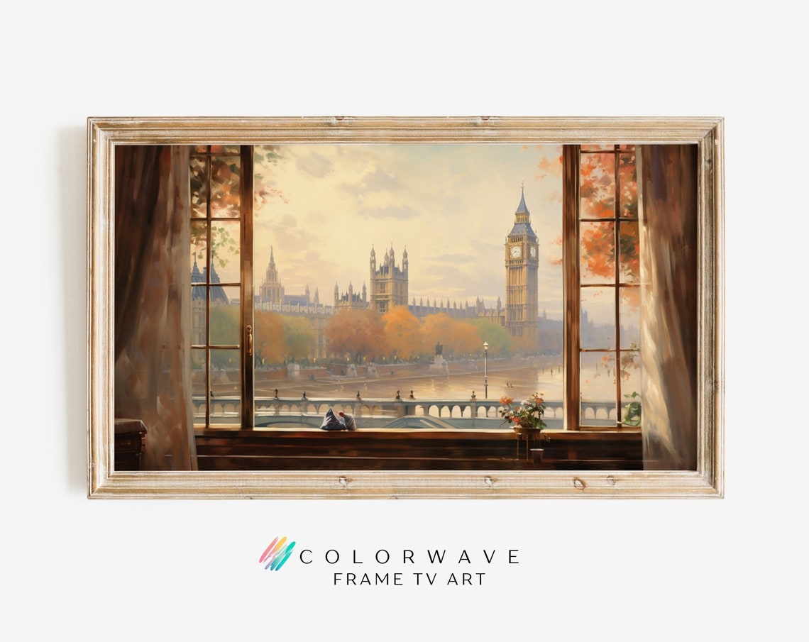London Big Ben Autumn View Through Open Window Vintage Poster