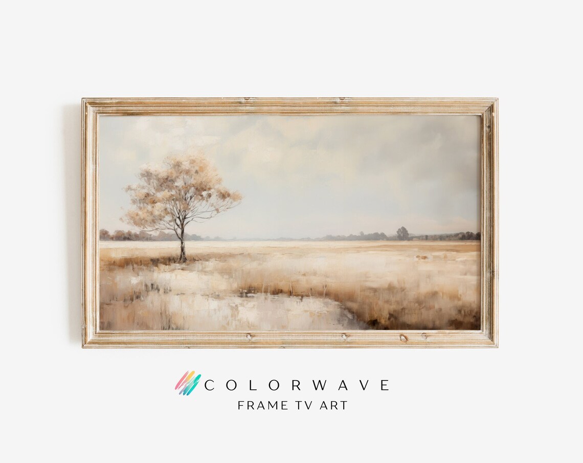 Lone Tree Golden Wheat Field Neutral Vintage Landscape Farm Art Poster