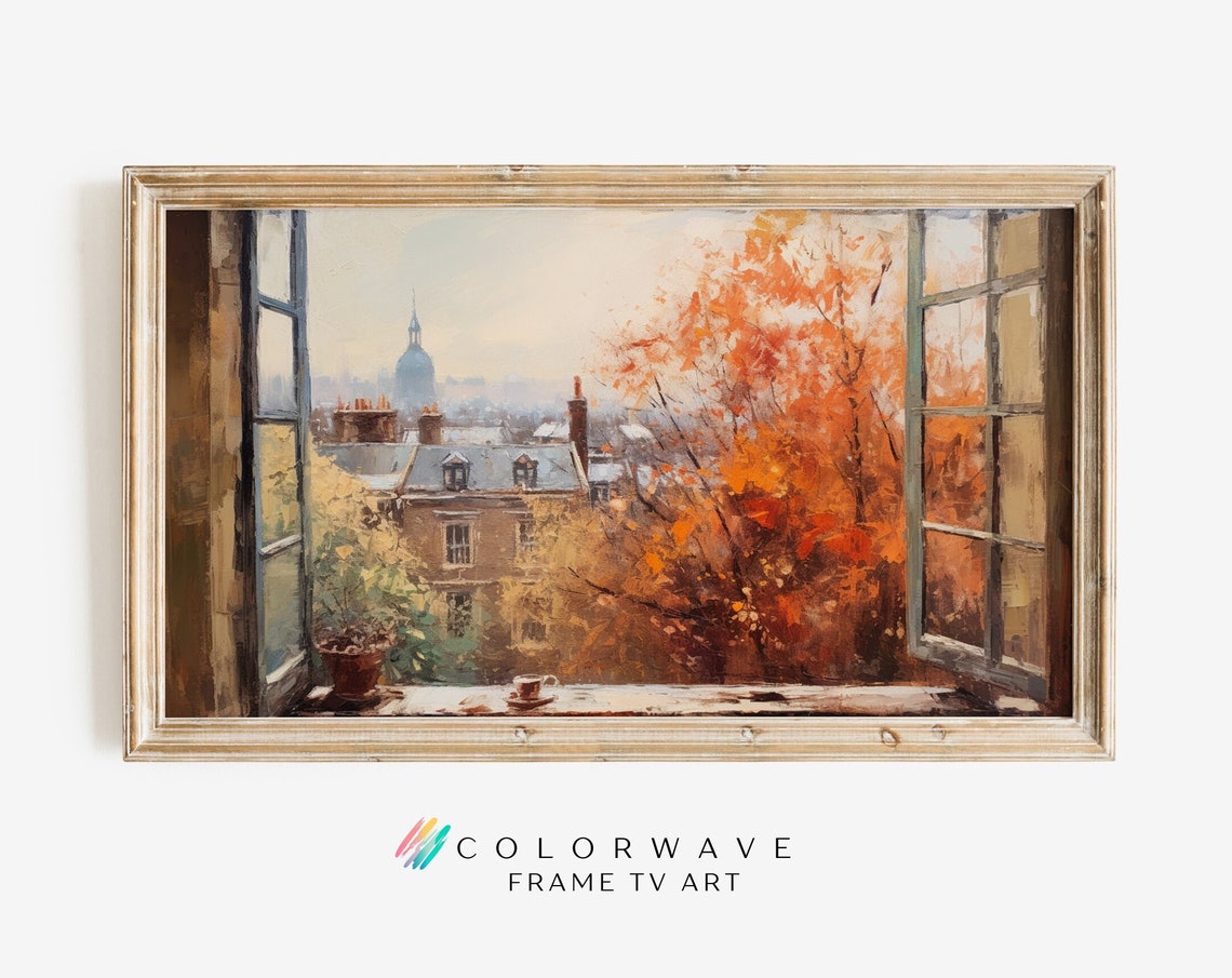 Paris Rooftops Autumn View Through Open Window Coffee Poster