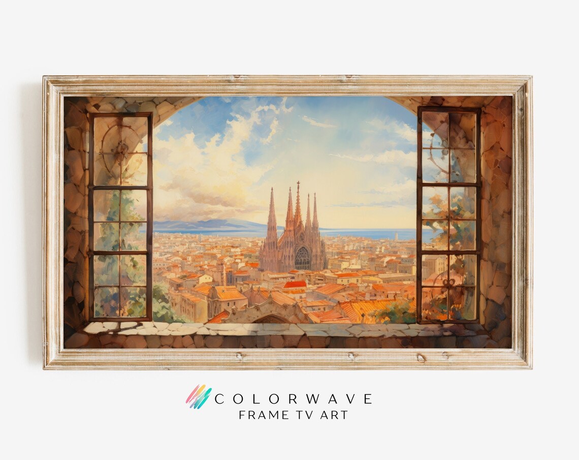 Barcelona Sagrada Familia Old City View Through Stone Window Poster