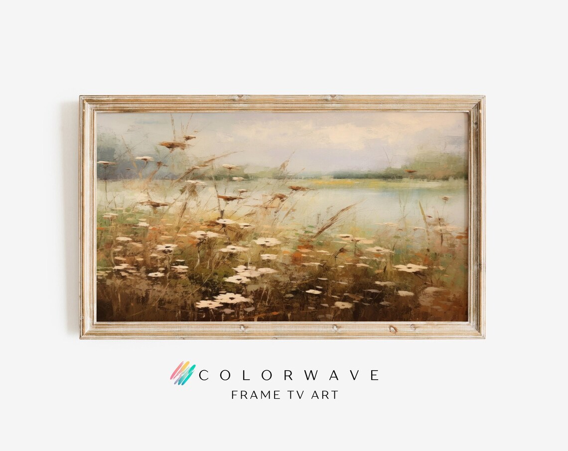 White Wildflowers Lakeshore Misty Impressionist Painting Wall Art