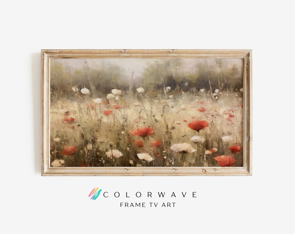 Red Poppy Wildflower Meadow Impressionist Oil Painting Wall Art