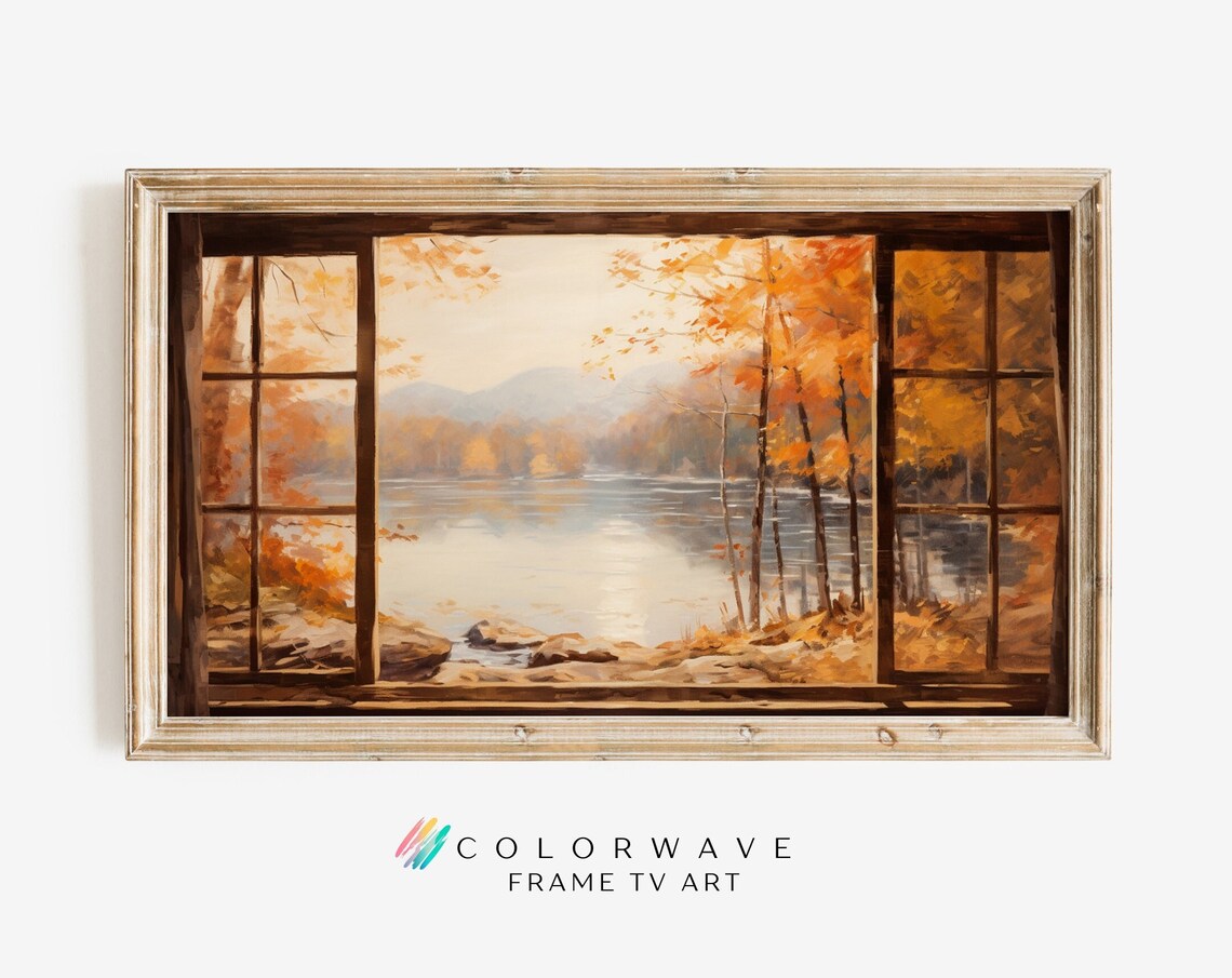 Serene Autumn Lake View Through Cabin Window Orange Trees Poster