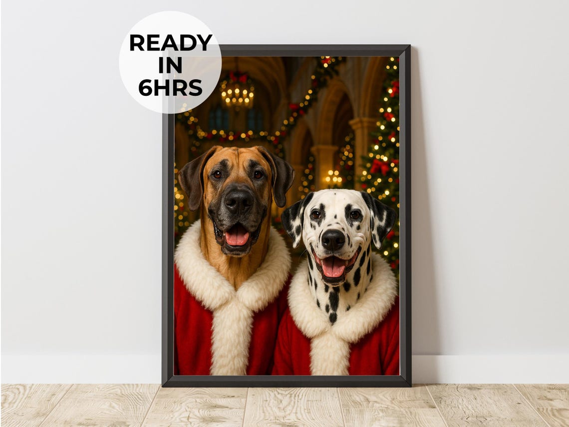 Great Dane and Dalmatian Duo in Santa Coats Christmas Portrait Poster