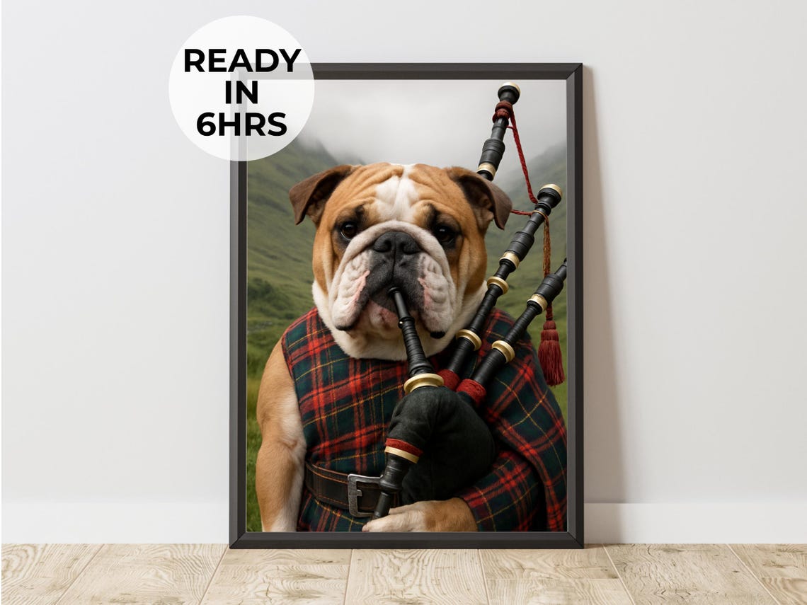 Custom Bagpiper Pet Portrait Tartan Kilt Funny Bulldog Poster