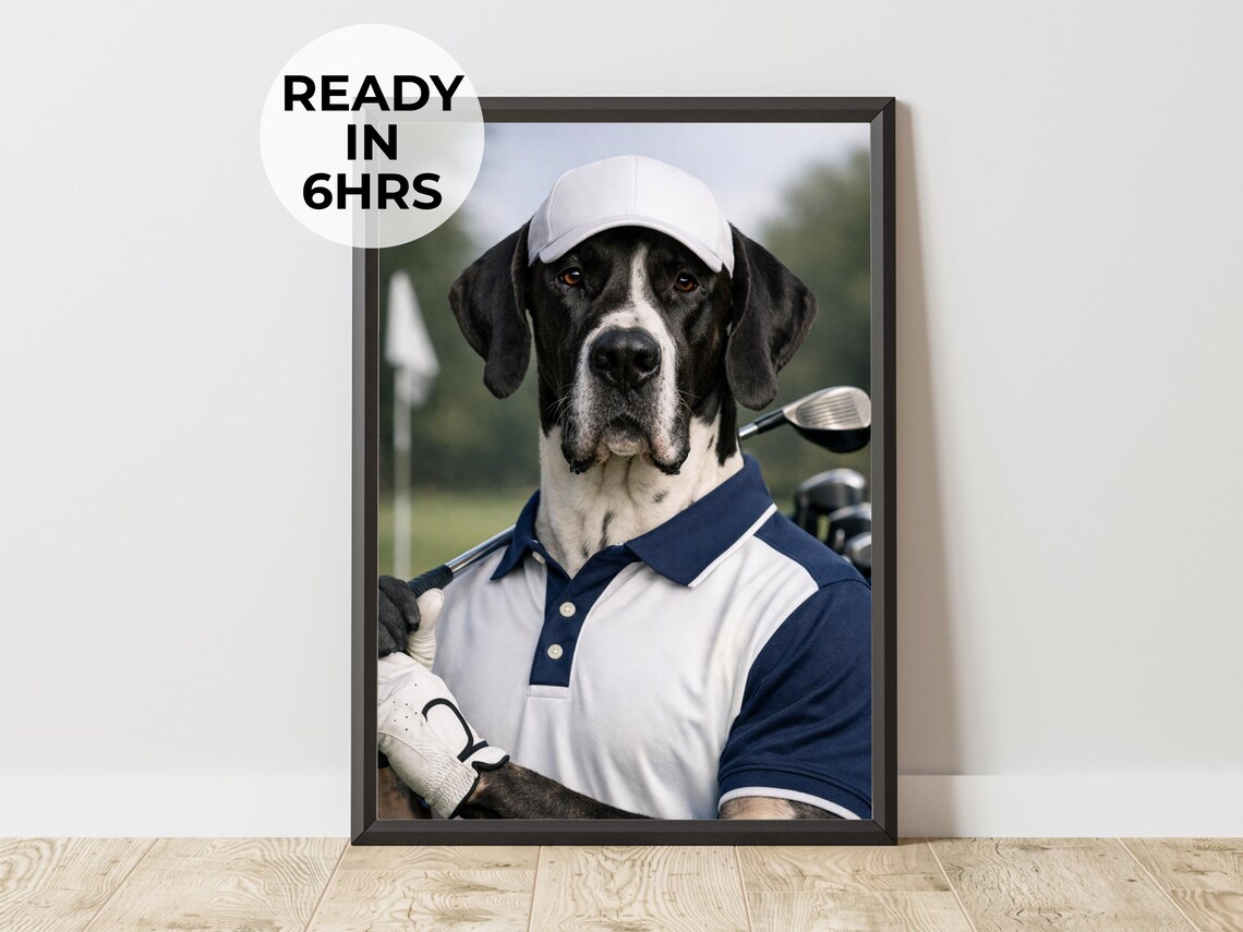 Custom Great Dane Dog Portrait Dressed as a Golfer on the Green Wall Art