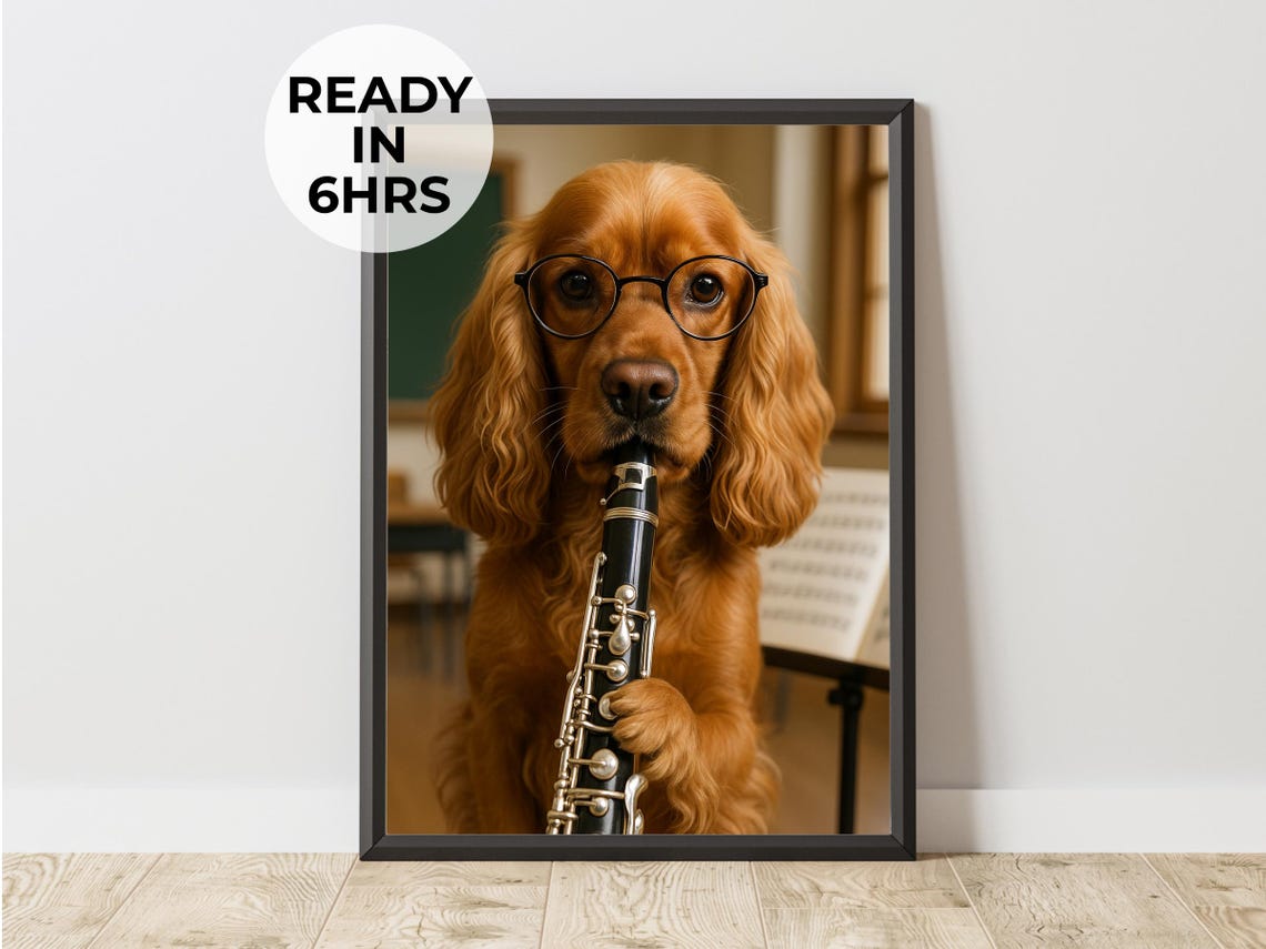 Cocker Spaniel With Glasses Playing Clarinet Cute Band Art Poster