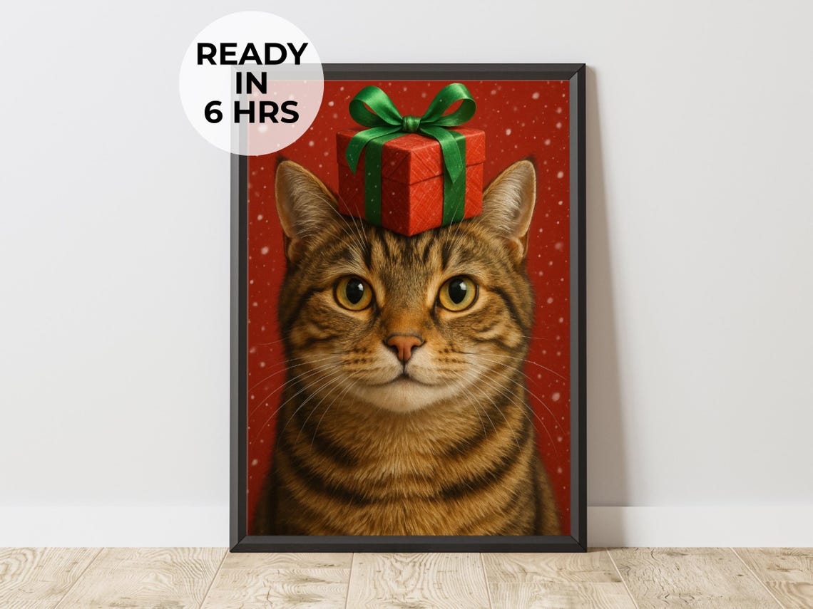Christmas Tabby Cat Gift Box Hat Festive Red Holiday Pet Art Poster